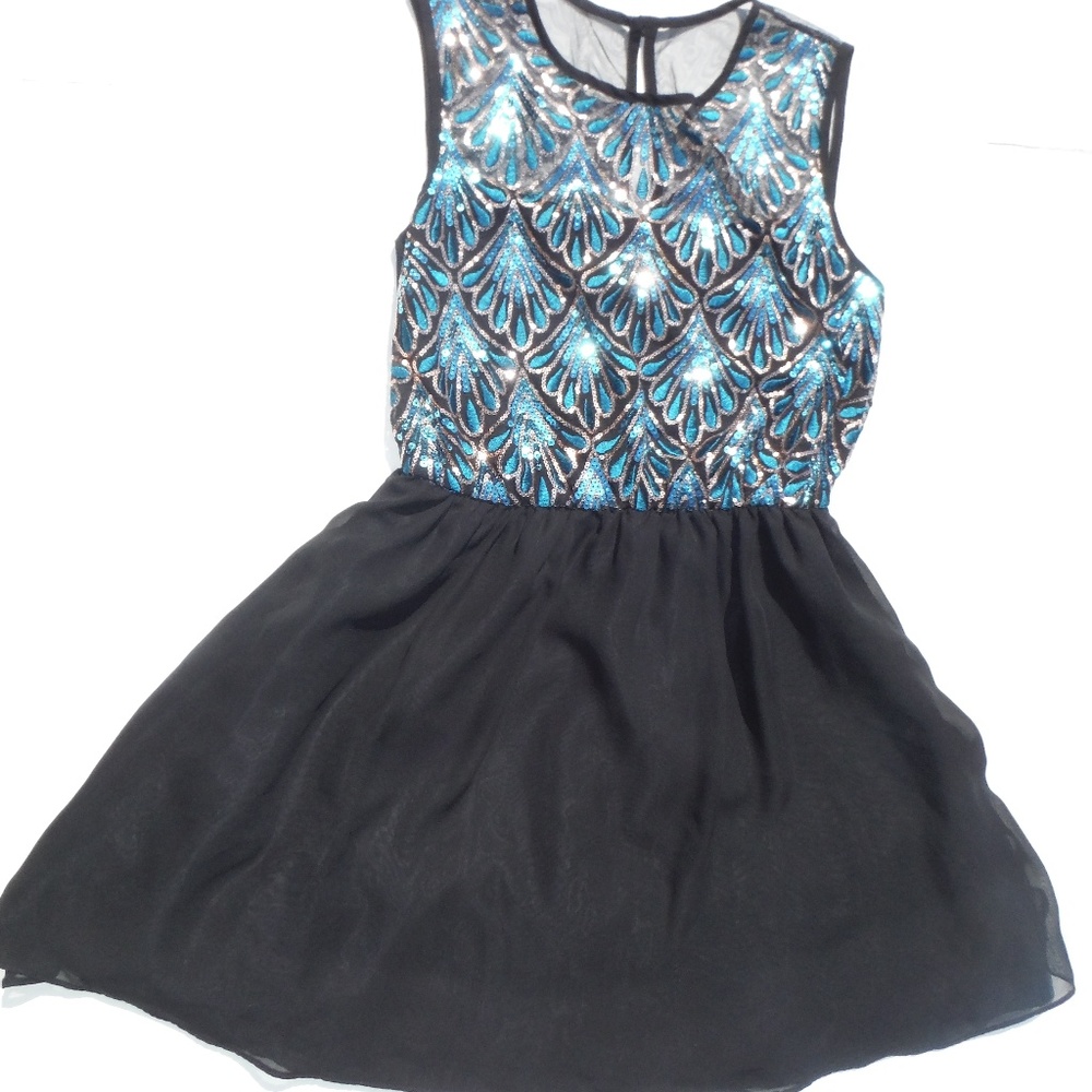 Black Dress W/Gold & Teal Sequins Size 7